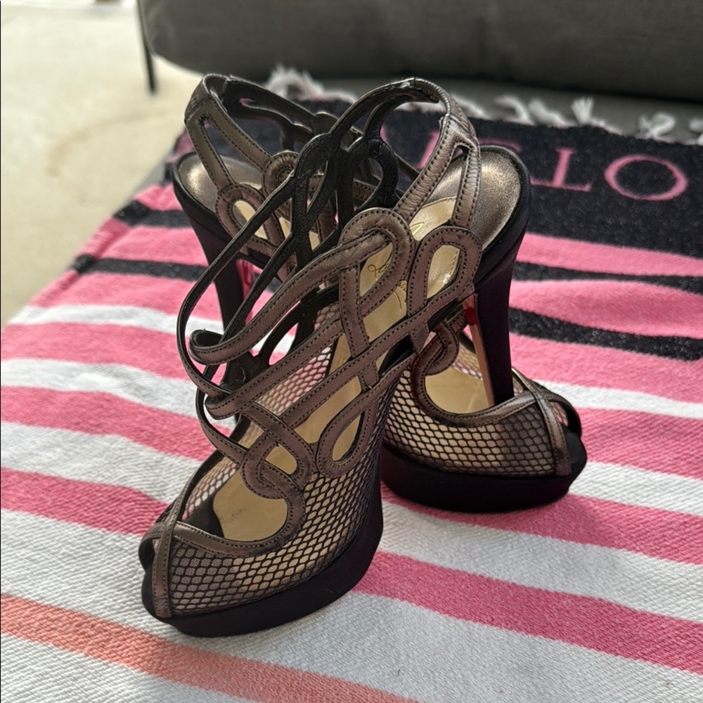 Christian Louboutin Black and Tan Strappy Heels